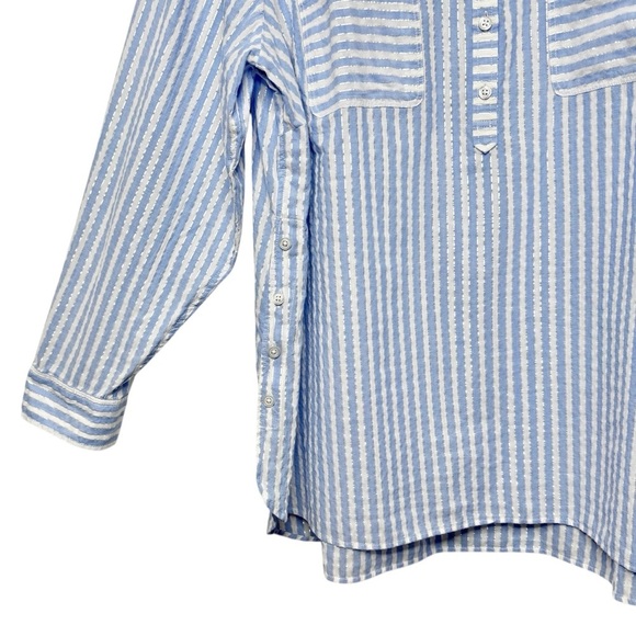 Talbots Seersucker Blue Stripe Metallic Lurex Side Button Women’s Tunic Sz 3X - Picture 6 of 11